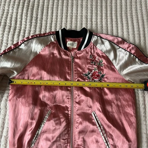 Pink Silk Flowered Embroidered Bomber Jacket - Picture 5 of 7